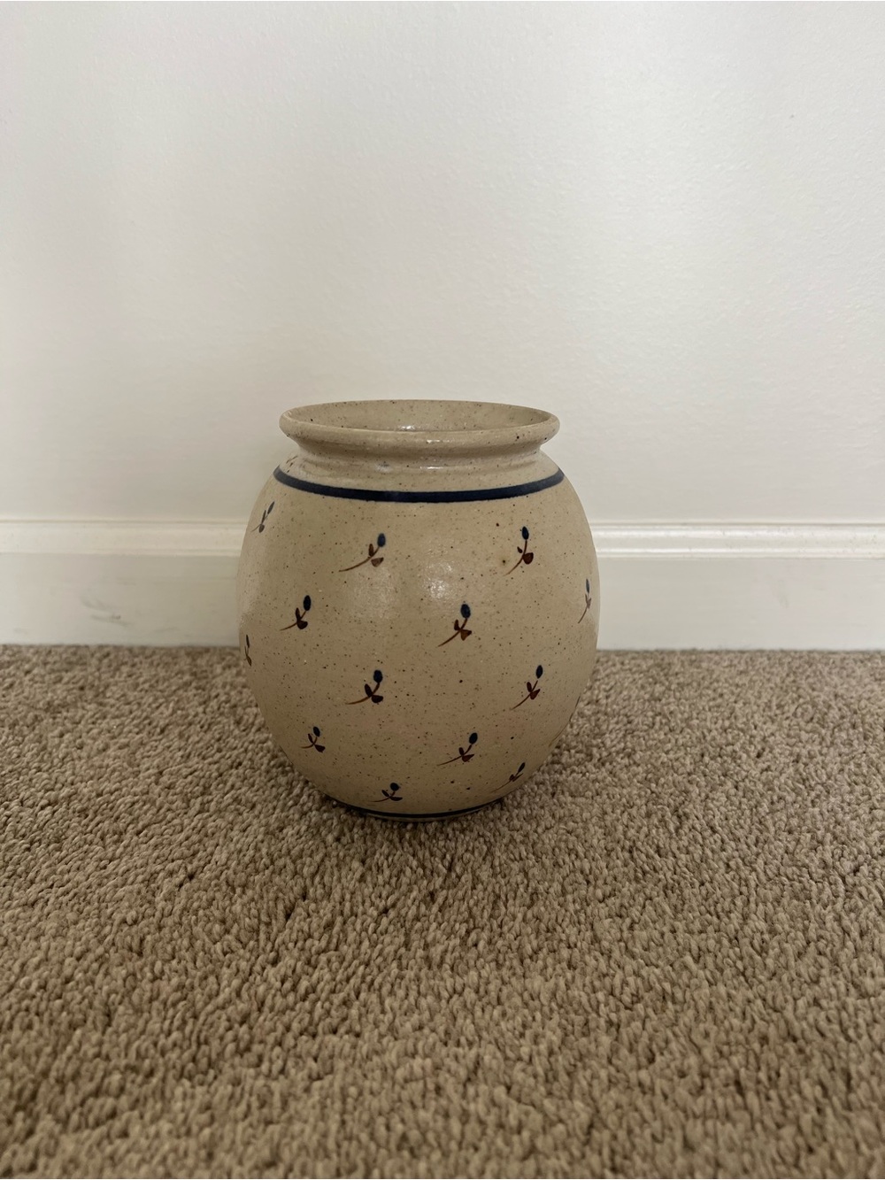 Handmade Speckled Ceramic Vase with Blue Floral Accents